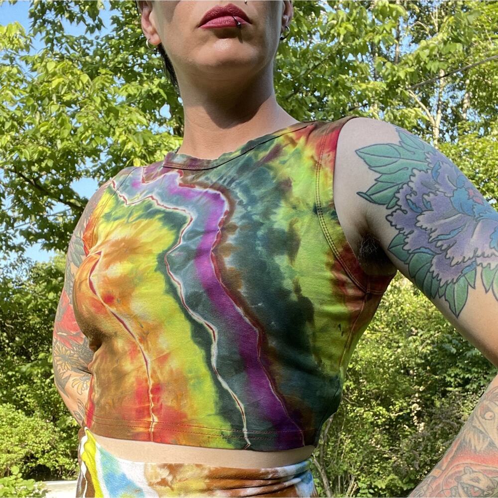 Women's Tie Dyed Tank Crop - Ice Dye Handmade - Funky Rainbow (Fitted XLarge)
